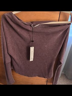 Marled Off-Shoulder Boutique Textured Knit Top - Mauve, Women's L